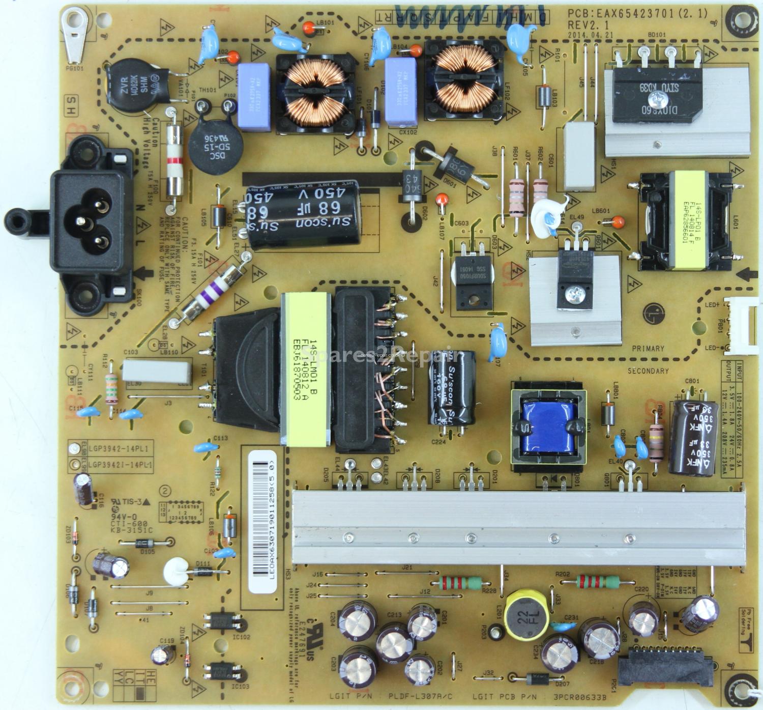 LG 42LB580V - Power Supply - EAY63071901 REV2.1 - EAX65423701 (2.1) - 3PCR00633B - LGP3942-14PL1
